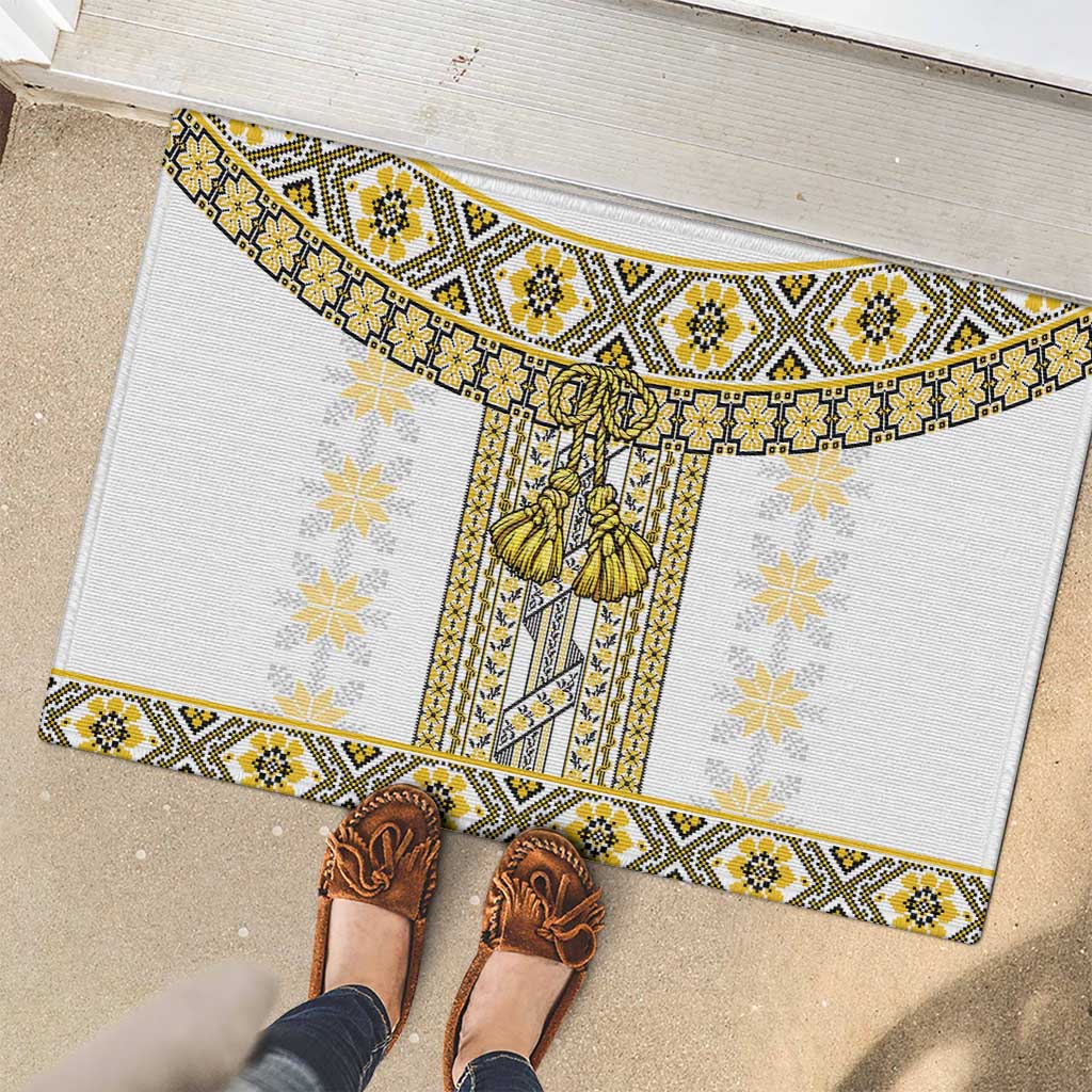 Ukraine Rubber Doormat Traditional Braided Rope Belt Yellow Folk Pattern