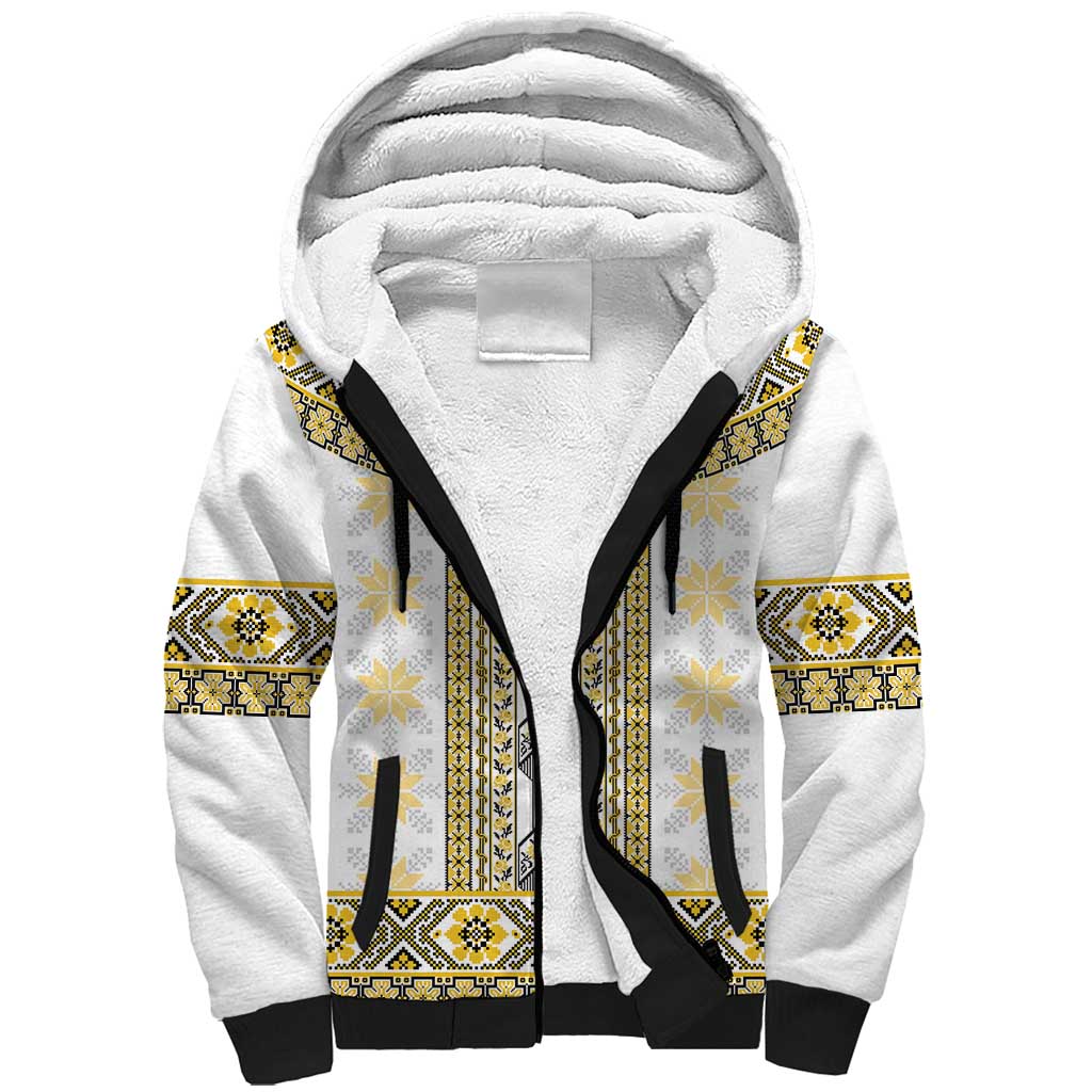 Ukraine Sherpa Hoodie Traditional Braided Rope Belt Yellow Folk Pattern