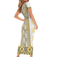 Ukraine Short Sleeve Bodycon Dress Traditional Braided Rope Belt Yellow Folk Pattern