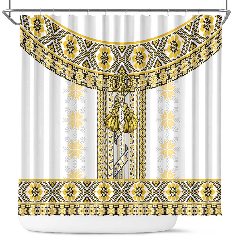 Ukraine Shower Curtain Traditional Braided Rope Belt Yellow Folk Pattern