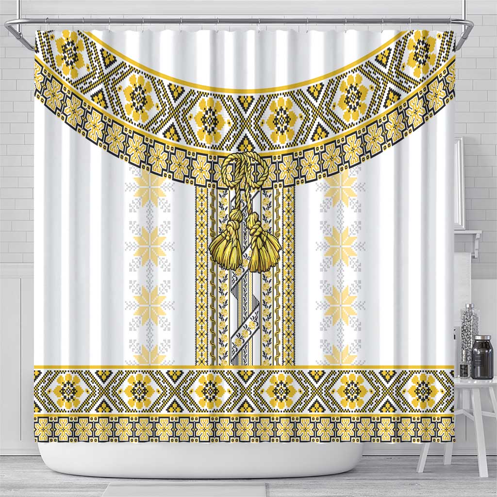Ukraine Shower Curtain Traditional Braided Rope Belt Yellow Folk Pattern