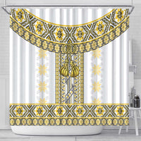 Ukraine Shower Curtain Traditional Braided Rope Belt Yellow Folk Pattern