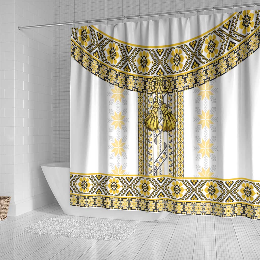 Ukraine Shower Curtain Traditional Braided Rope Belt Yellow Folk Pattern