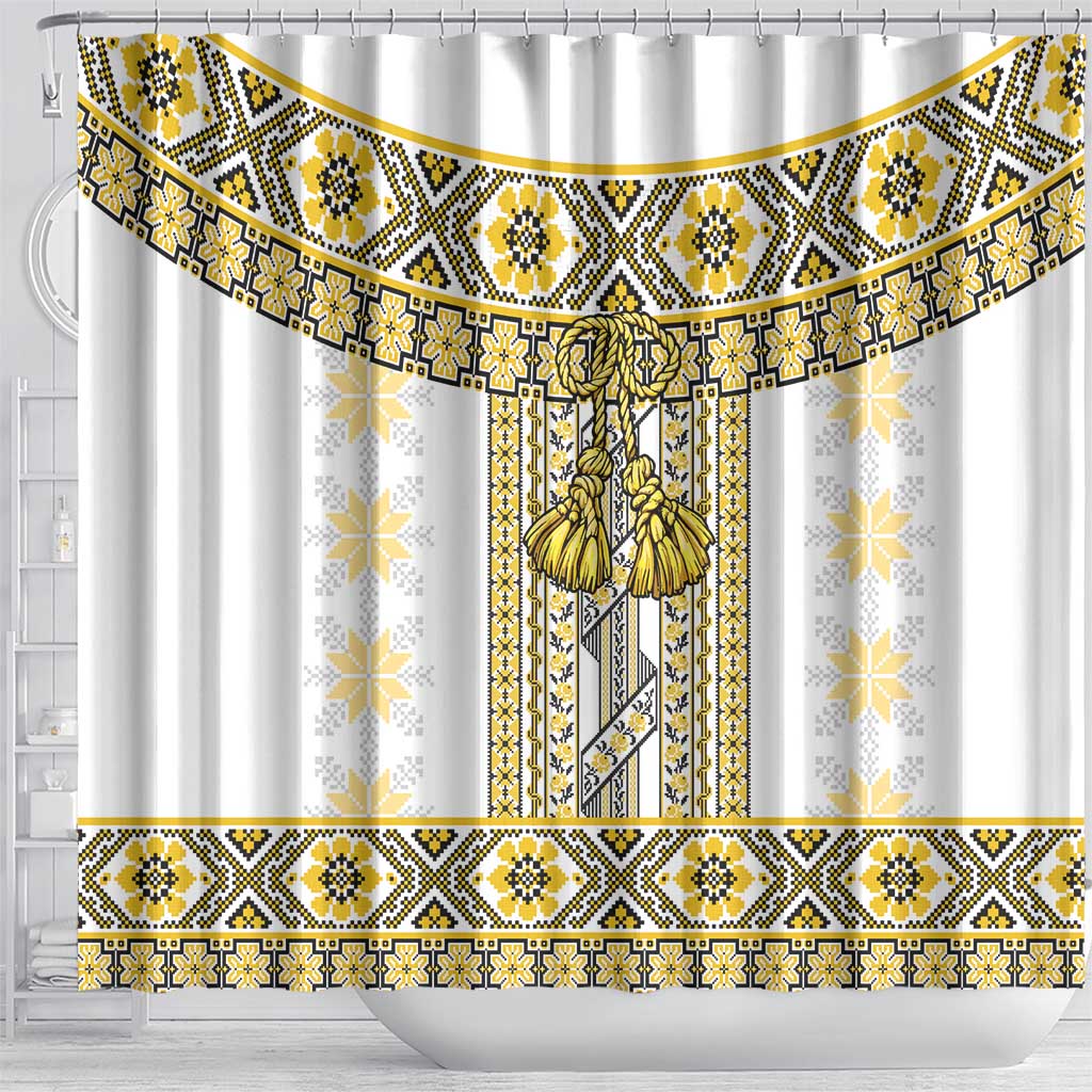 Ukraine Shower Curtain Traditional Braided Rope Belt Yellow Folk Pattern