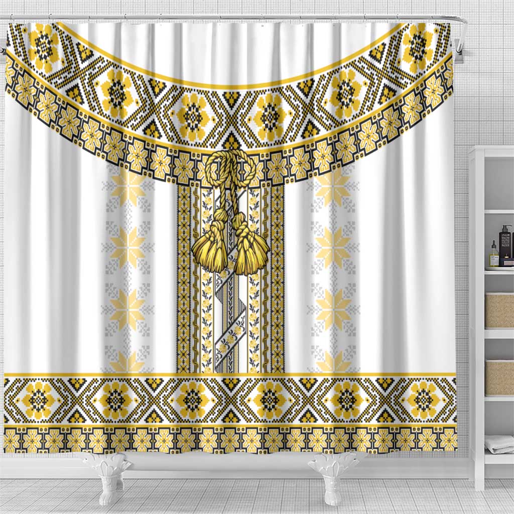 Ukraine Shower Curtain Traditional Braided Rope Belt Yellow Folk Pattern