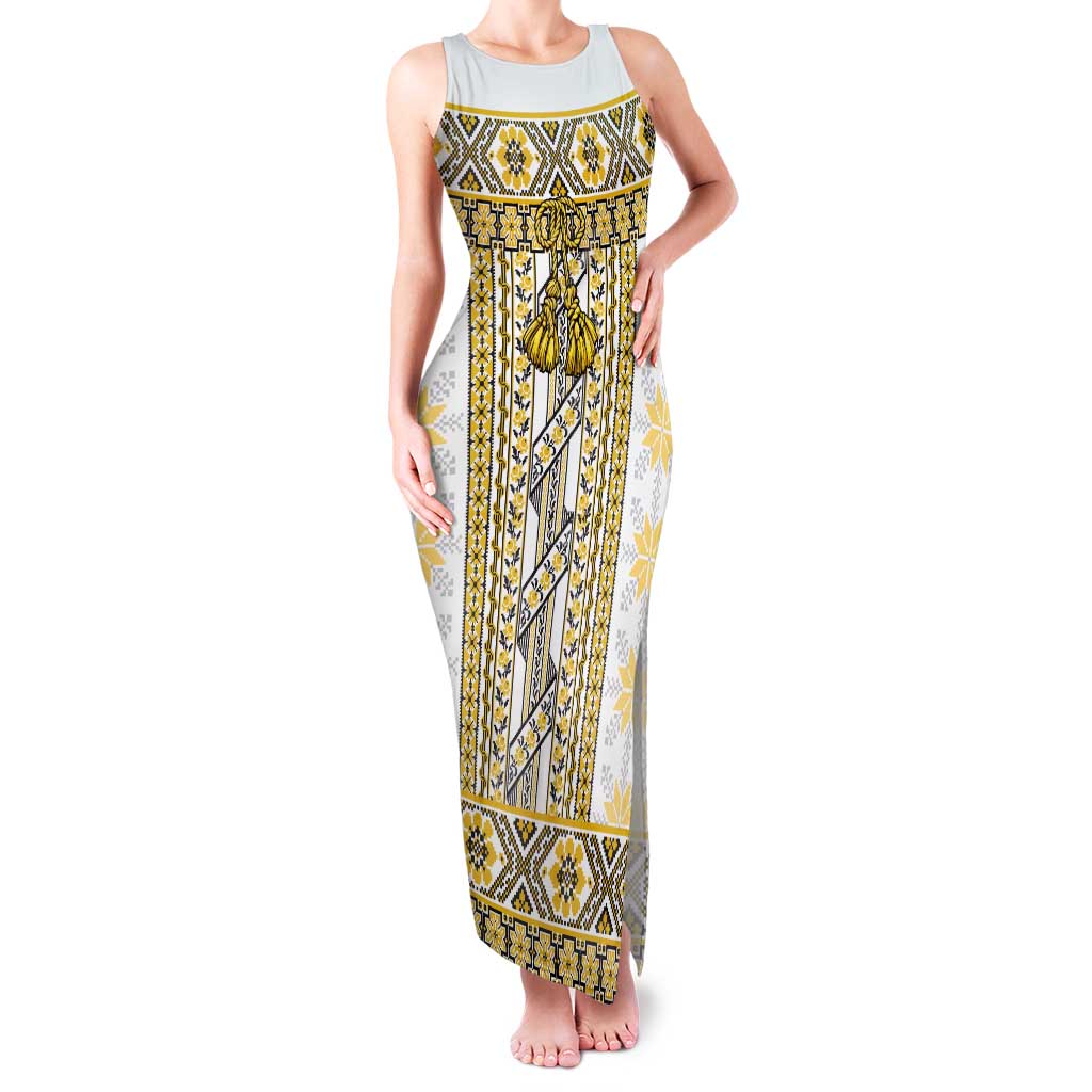 Ukraine Tank Maxi Dress Traditional Braided Rope Belt Yellow Folk Pattern