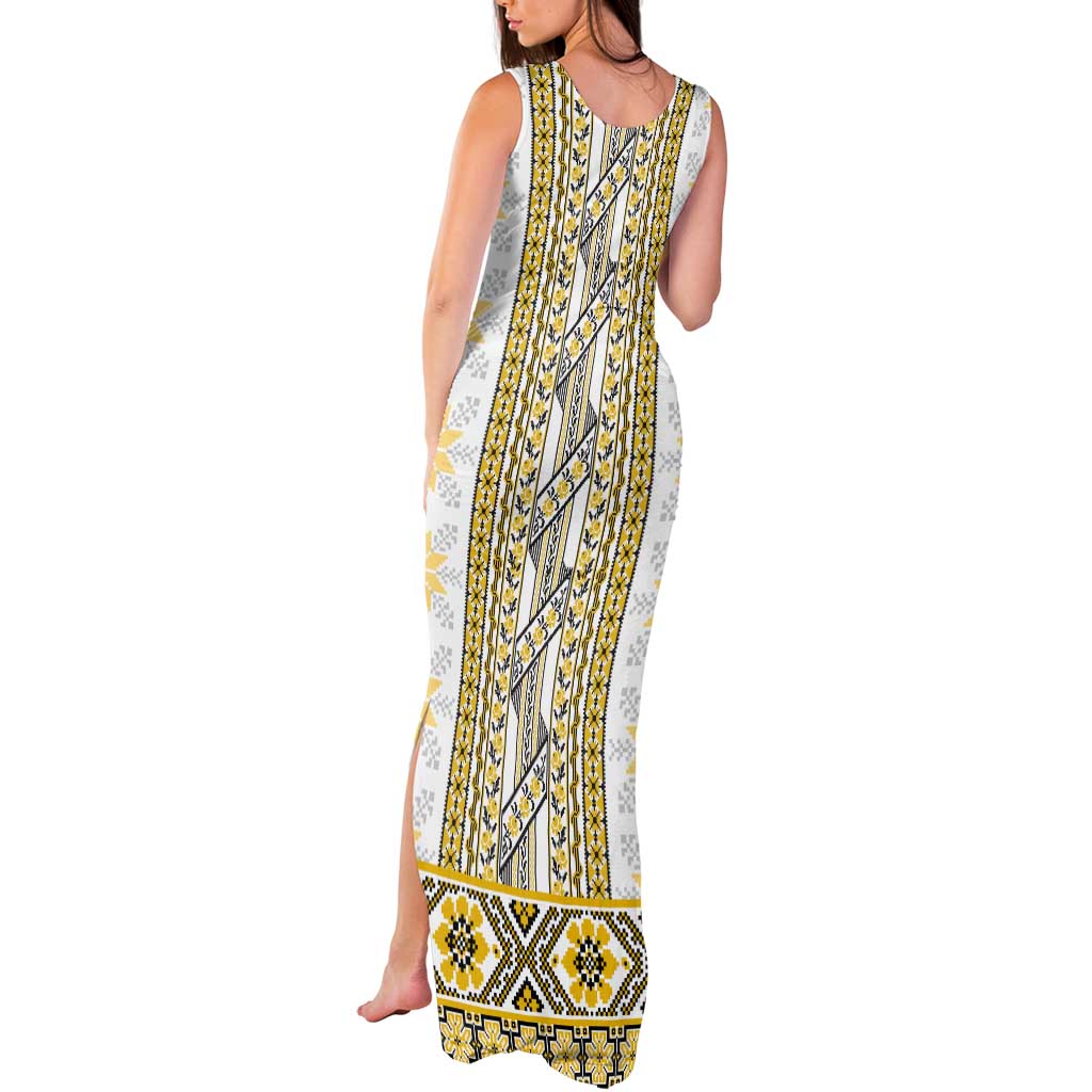 Ukraine Tank Maxi Dress Traditional Braided Rope Belt Yellow Folk Pattern