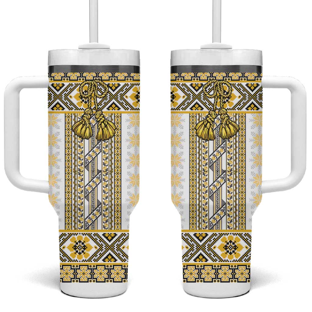 Ukraine Tumbler With Handle Traditional Braided Rope Belt Yellow Folk Pattern