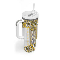 Ukraine Tumbler With Handle Traditional Braided Rope Belt Yellow Folk Pattern