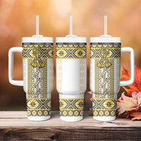 Ukraine Tumbler With Handle Traditional Braided Rope Belt Yellow Folk Pattern