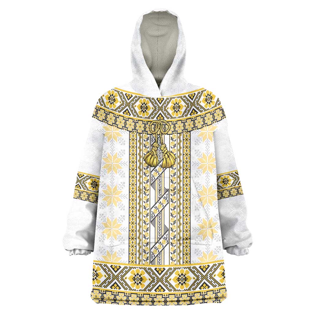 Ukraine Wearable Blanket Hoodie Traditional Braided Rope Belt Yellow Folk Pattern
