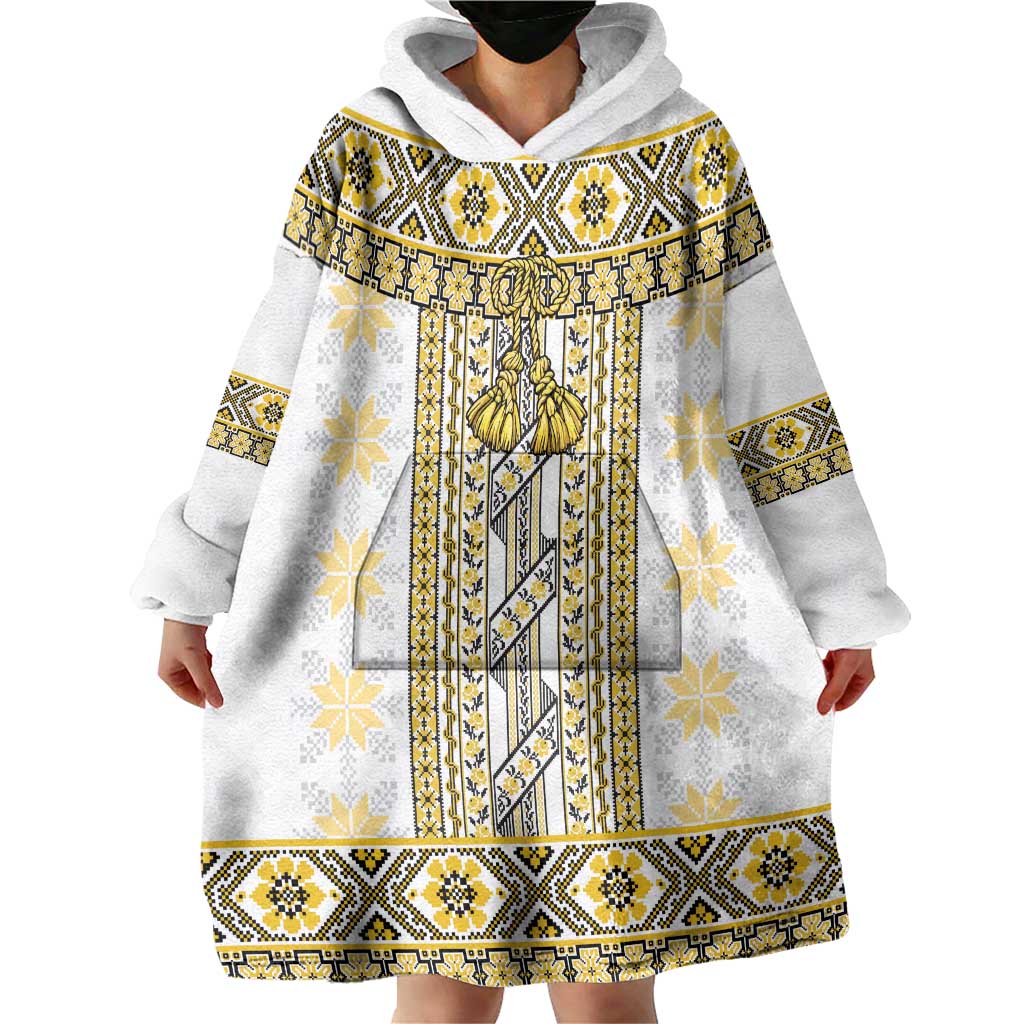 Ukraine Wearable Blanket Hoodie Traditional Braided Rope Belt Yellow Folk Pattern
