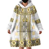 Ukraine Wearable Blanket Hoodie Traditional Braided Rope Belt Yellow Folk Pattern