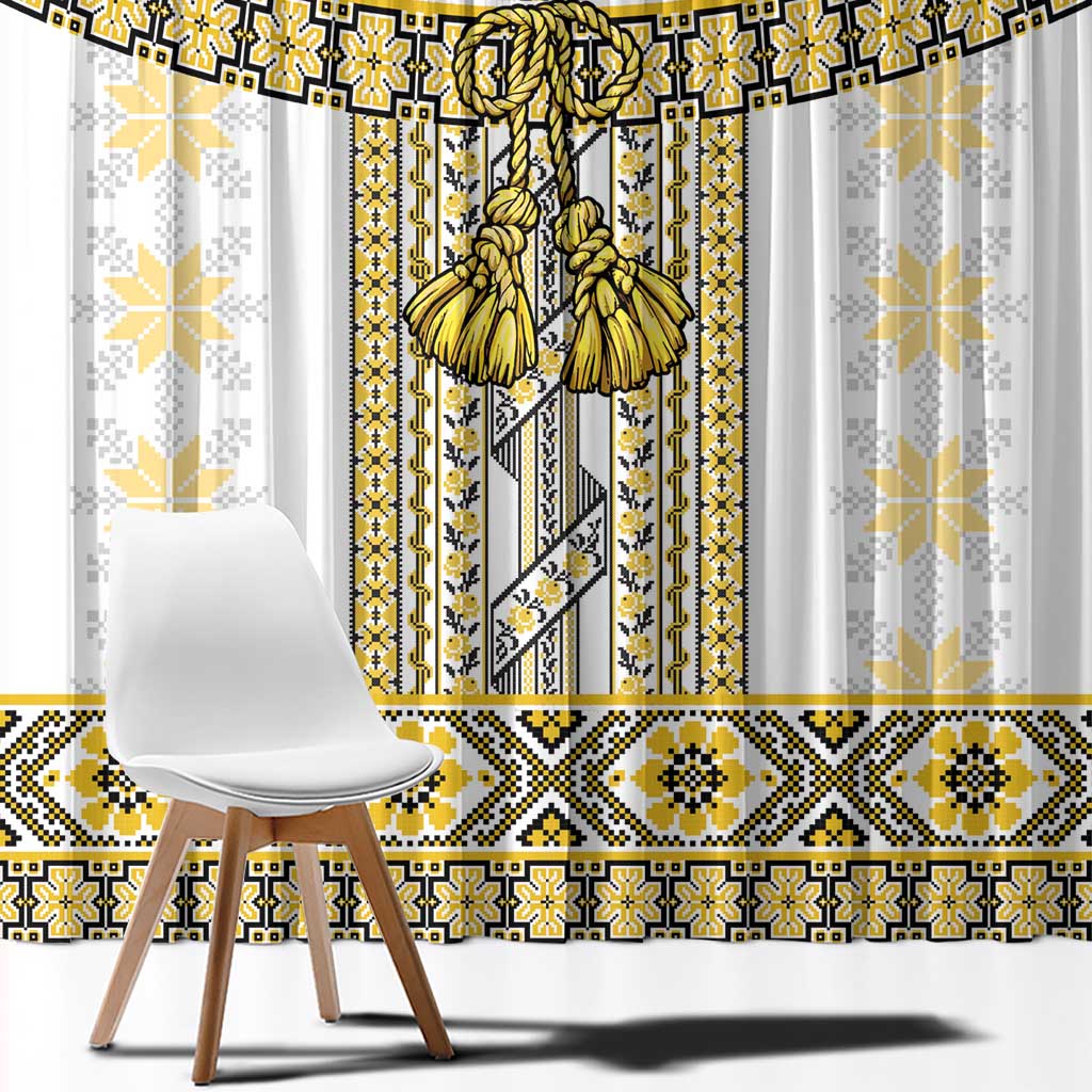 Ukraine Window Curtain Traditional Braided Rope Belt Yellow Folk Pattern