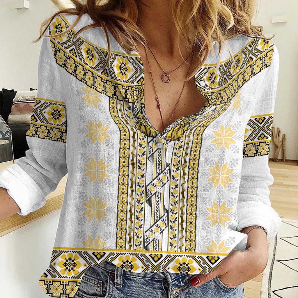 Ukraine Women Casual Shirt Traditional Braided Rope Belt Yellow Folk Pattern