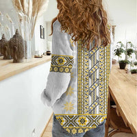 Ukraine Women Casual Shirt Traditional Braided Rope Belt Yellow Folk Pattern