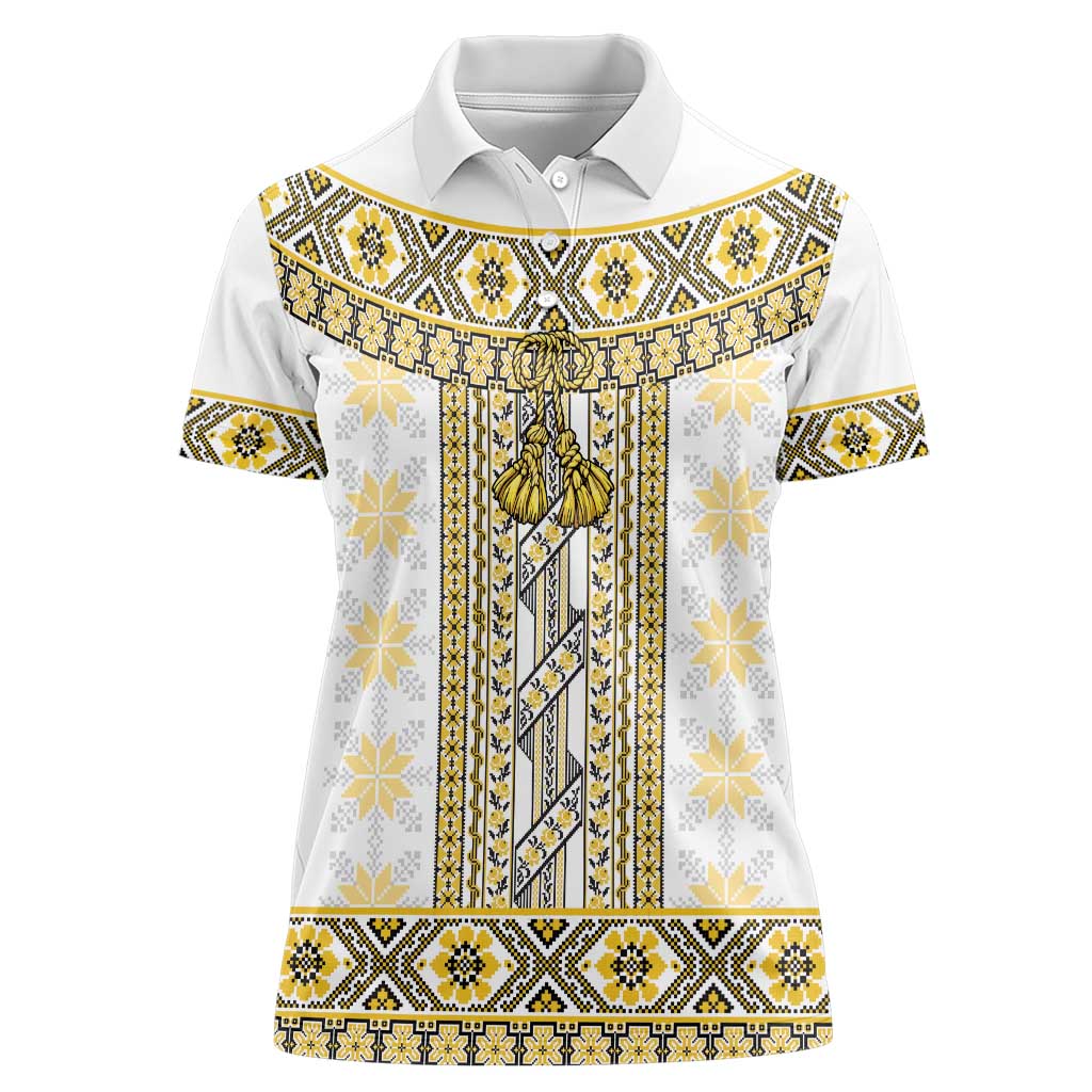 Ukraine Women Polo Shirt Traditional Braided Rope Belt Yellow Folk Pattern
