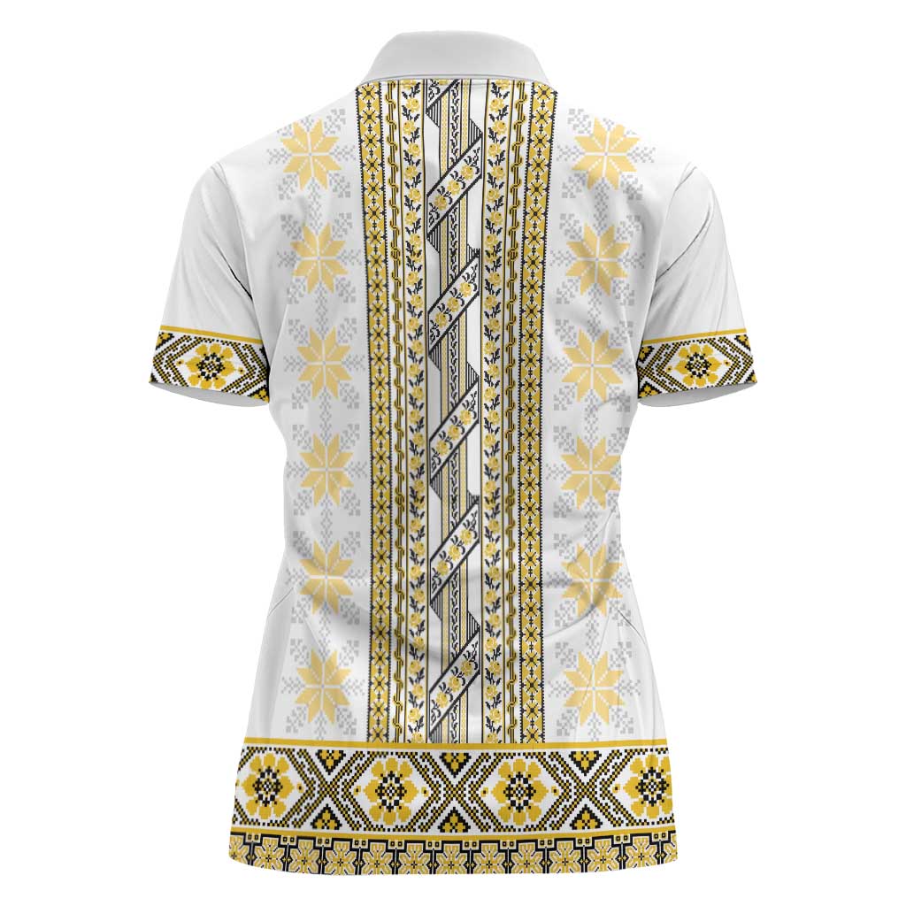 Ukraine Women Polo Shirt Traditional Braided Rope Belt Yellow Folk Pattern