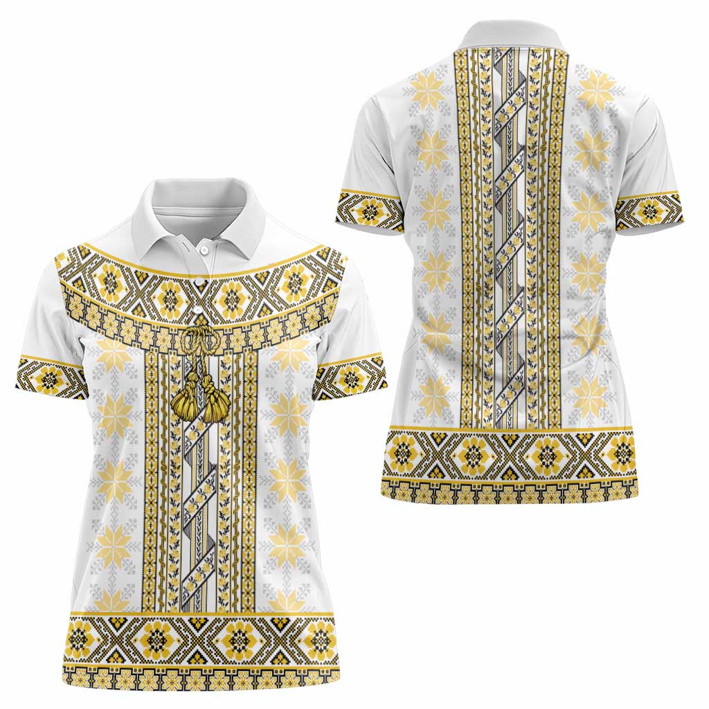 Ukraine Women Polo Shirt Traditional Braided Rope Belt Yellow Folk Pattern