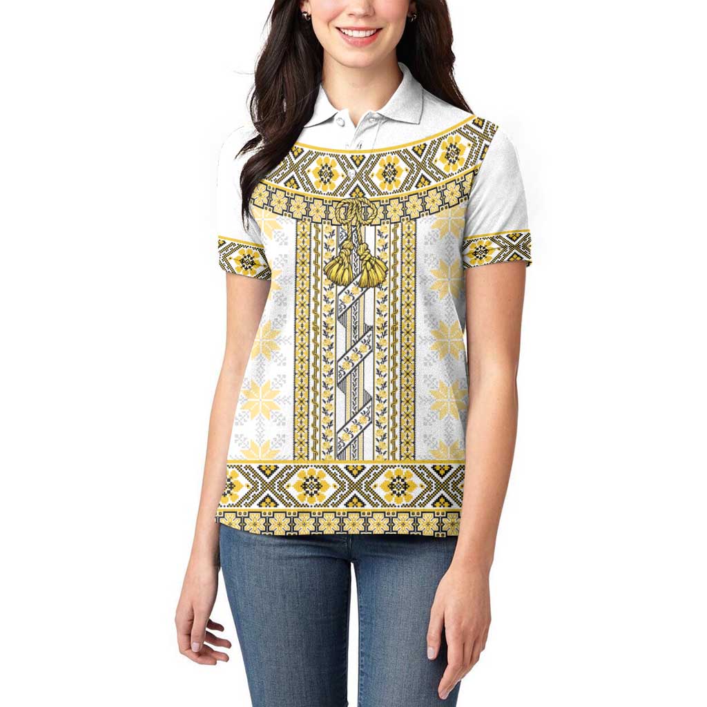 Ukraine Women Polo Shirt Traditional Braided Rope Belt Yellow Folk Pattern