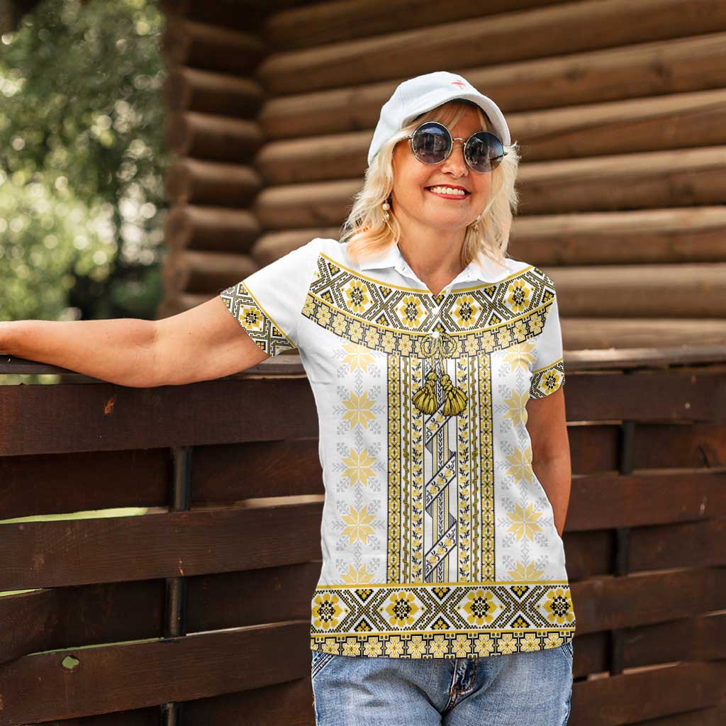 Ukraine Women Polo Shirt Traditional Braided Rope Belt Yellow Folk Pattern