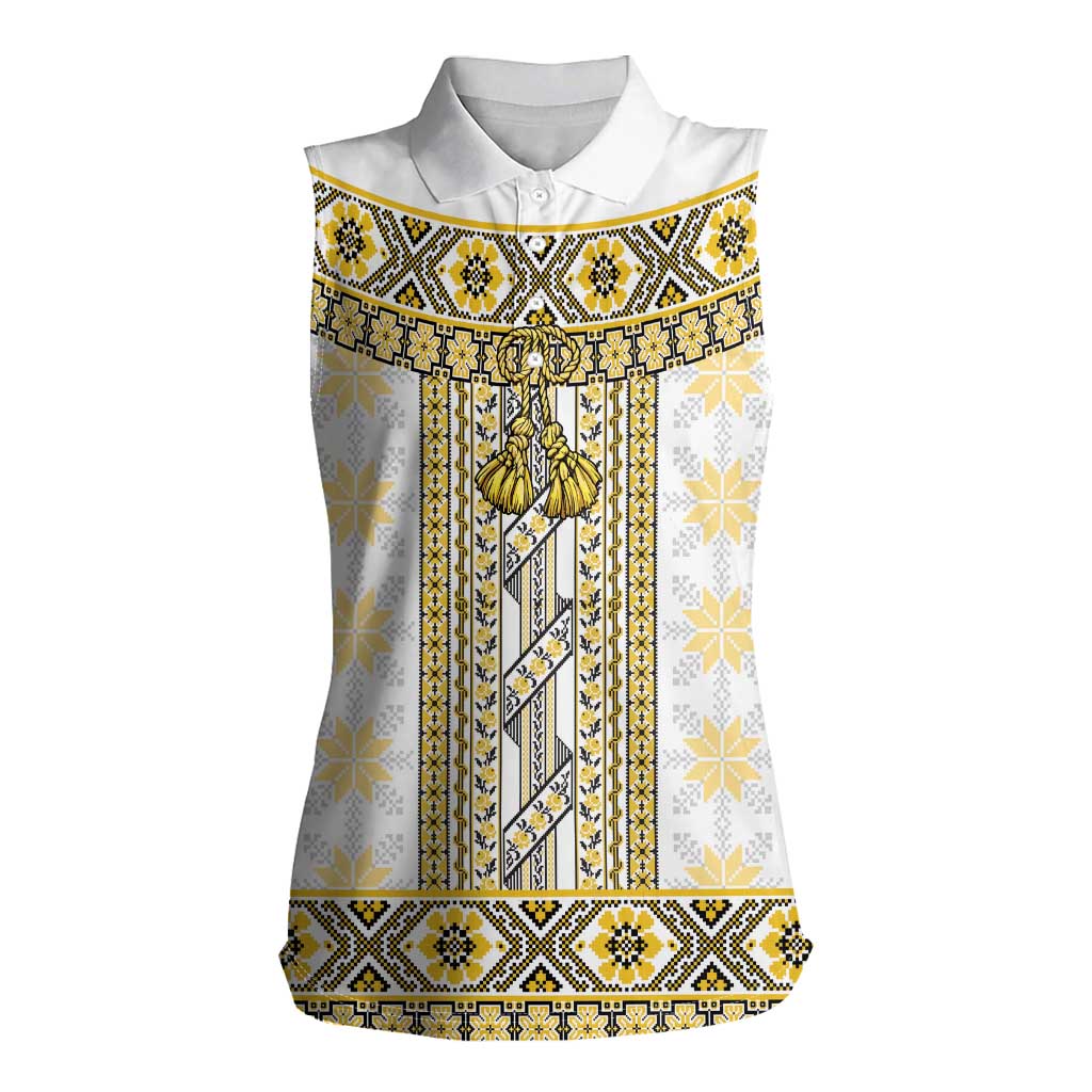 Ukraine Women Sleeveless Polo Shirt Traditional Braided Rope Belt Yellow Folk Pattern
