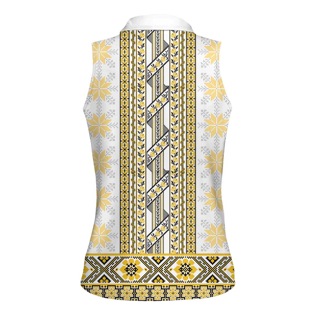 Ukraine Women Sleeveless Polo Shirt Traditional Braided Rope Belt Yellow Folk Pattern