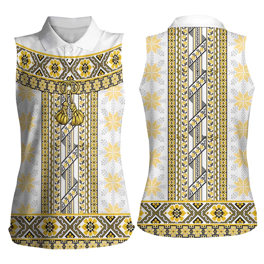 Ukraine Women Sleeveless Polo Shirt Traditional Braided Rope Belt Yellow Folk Pattern