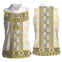 Ukraine Women Sleeveless Polo Shirt Traditional Braided Rope Belt Yellow Folk Pattern