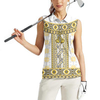Ukraine Women Sleeveless Polo Shirt Traditional Braided Rope Belt Yellow Folk Pattern