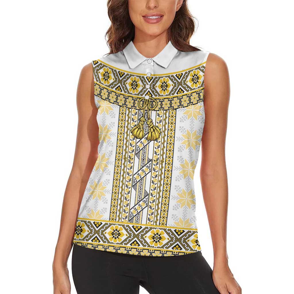 Ukraine Women Sleeveless Polo Shirt Traditional Braided Rope Belt Yellow Folk Pattern