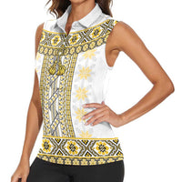 Ukraine Women Sleeveless Polo Shirt Traditional Braided Rope Belt Yellow Folk Pattern