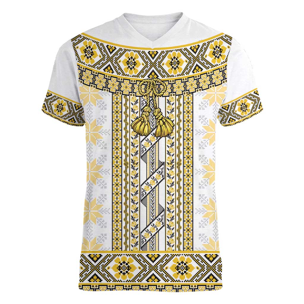 Ukraine Women V-Neck T-Shirt Traditional Braided Rope Belt Yellow Folk Pattern