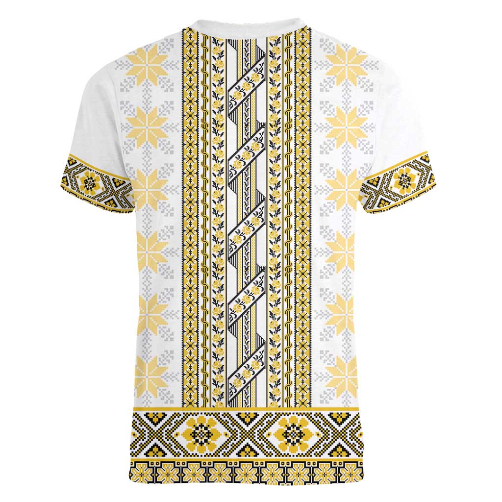 Ukraine Women V-Neck T-Shirt Traditional Braided Rope Belt Yellow Folk Pattern