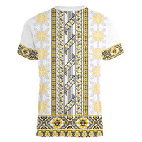 Ukraine Women V-Neck T-Shirt Traditional Braided Rope Belt Yellow Folk Pattern