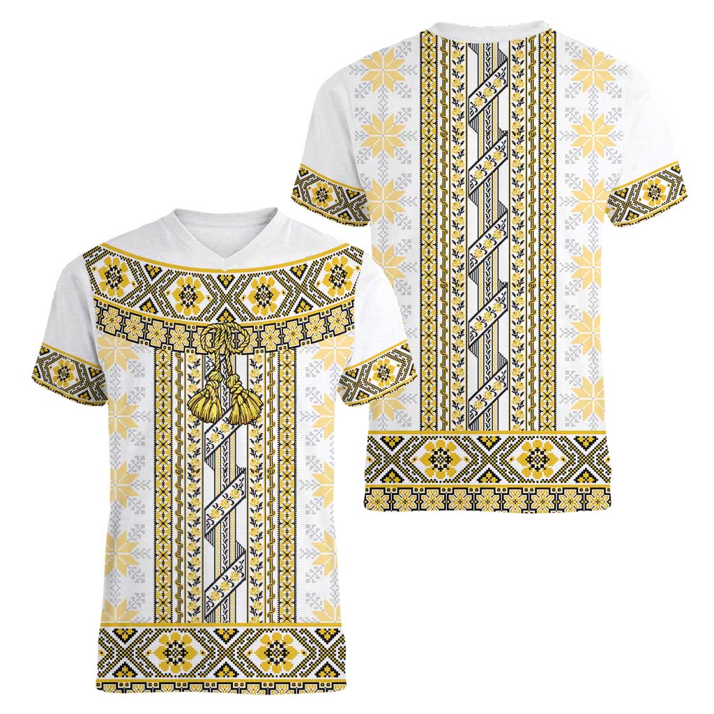 Ukraine Women V-Neck T-Shirt Traditional Braided Rope Belt Yellow Folk Pattern