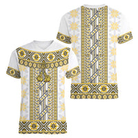 Ukraine Women V-Neck T-Shirt Traditional Braided Rope Belt Yellow Folk Pattern