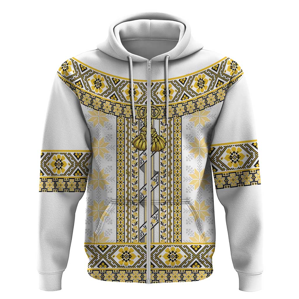 Ukraine Zip Hoodie Traditional Braided Rope Belt Yellow Folk Pattern
