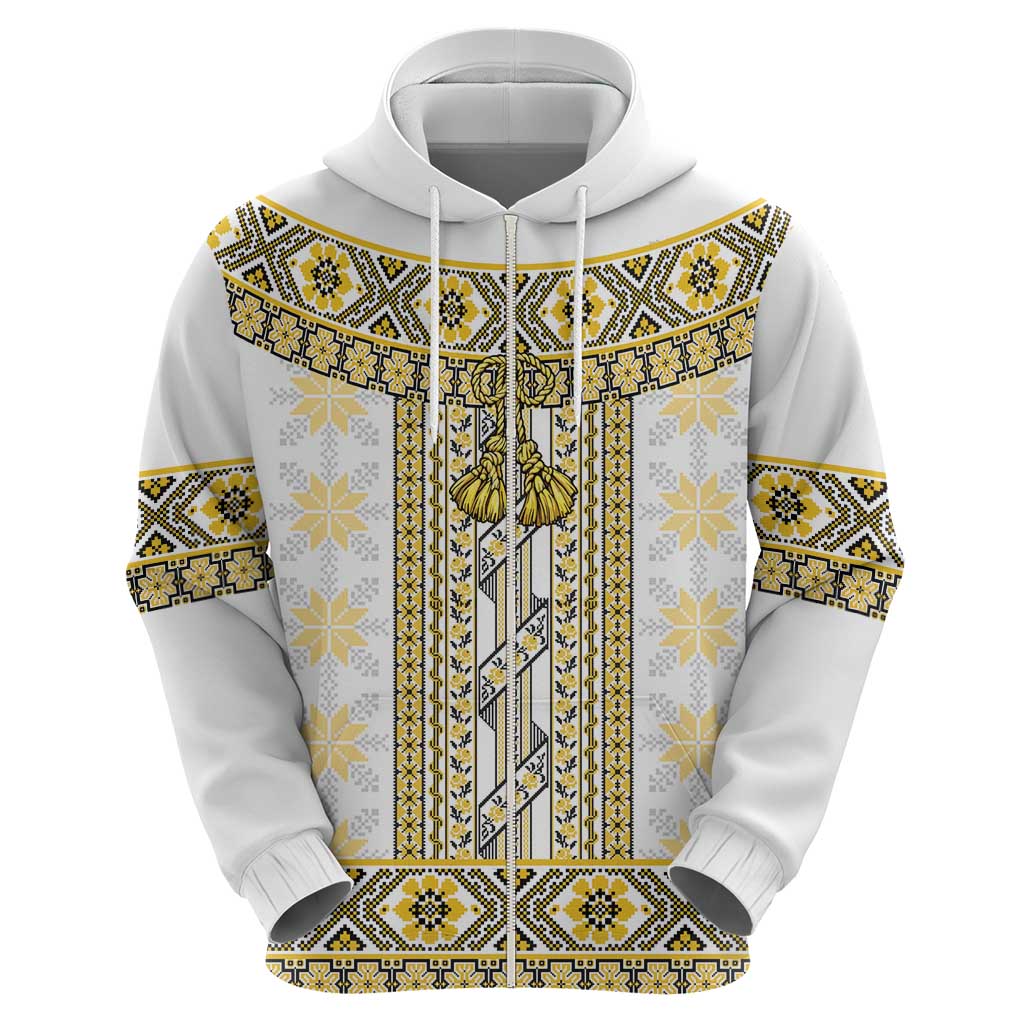 Ukraine Zip Hoodie Traditional Braided Rope Belt Yellow Folk Pattern
