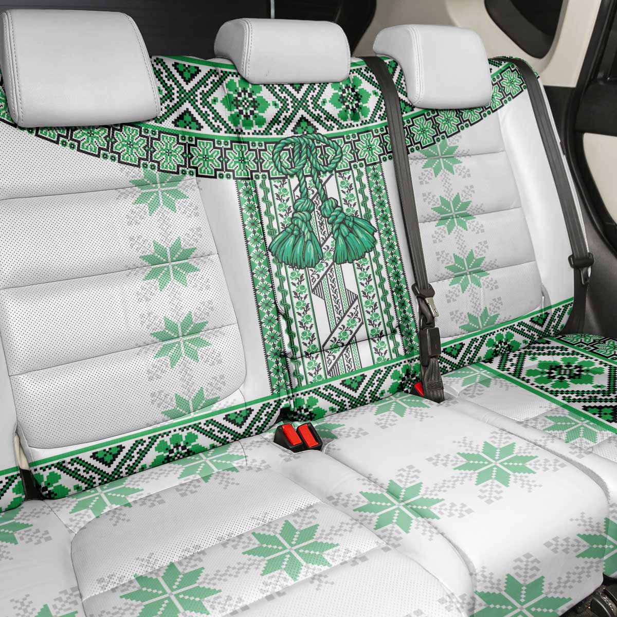 Ukraine Back Car Seat Cover Traditional Braided Rope Belt Green Folk Pattern