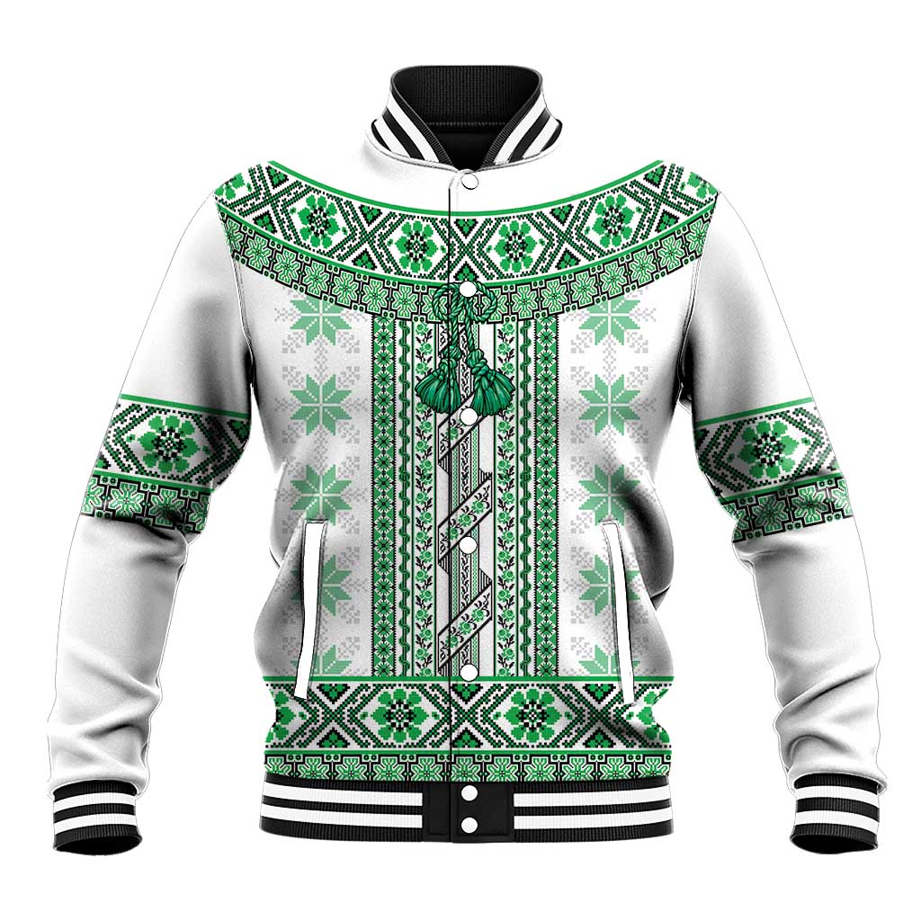Ukraine Baseball Jacket Traditional Braided Rope Belt Green Folk Pattern