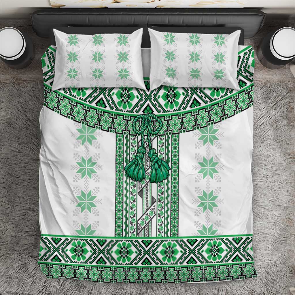 Ukraine Bedding Set Traditional Braided Rope Belt Green Folk Pattern