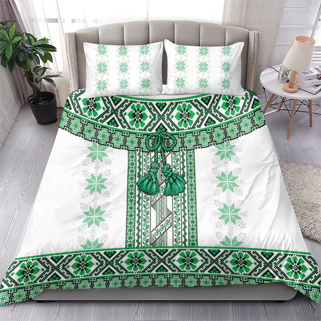 Ukraine Bedding Set Traditional Braided Rope Belt Green Folk Pattern