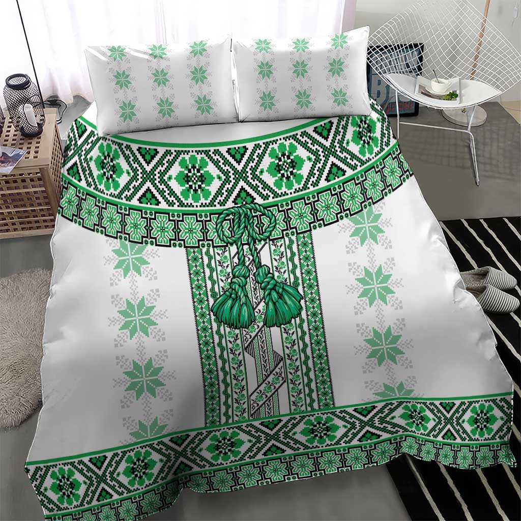 Ukraine Bedding Set Traditional Braided Rope Belt Green Folk Pattern