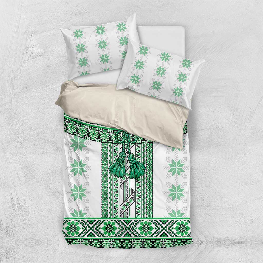 Ukraine Bedding Set Traditional Braided Rope Belt Green Folk Pattern