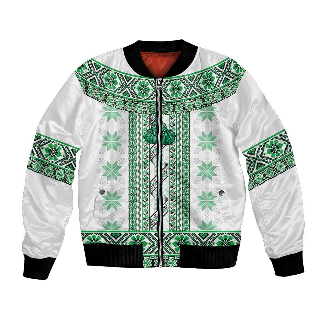 Ukraine Bomber Jacket Traditional Braided Rope Belt Green Folk Pattern