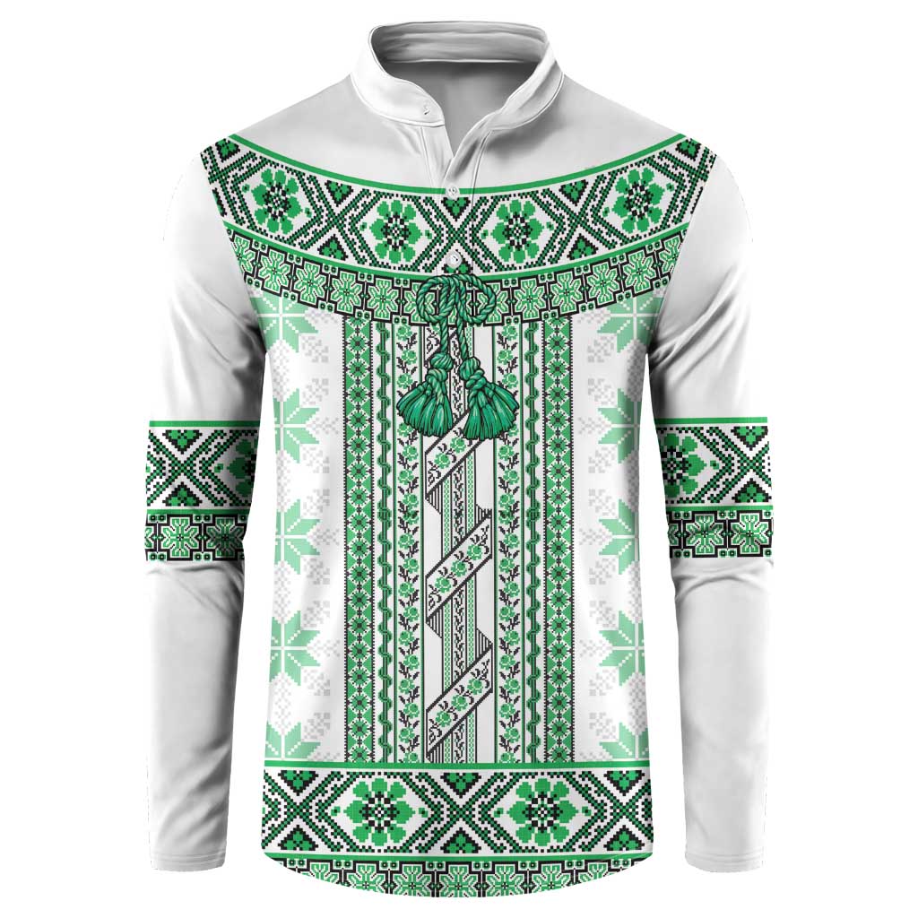 Ukraine Button Sweatshirt Traditional Braided Rope Belt Green Folk Pattern