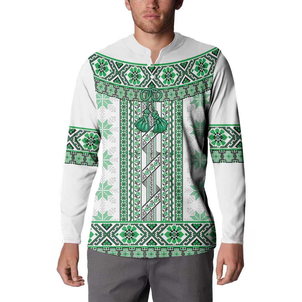 Ukraine Button Sweatshirt Traditional Braided Rope Belt Green Folk Pattern