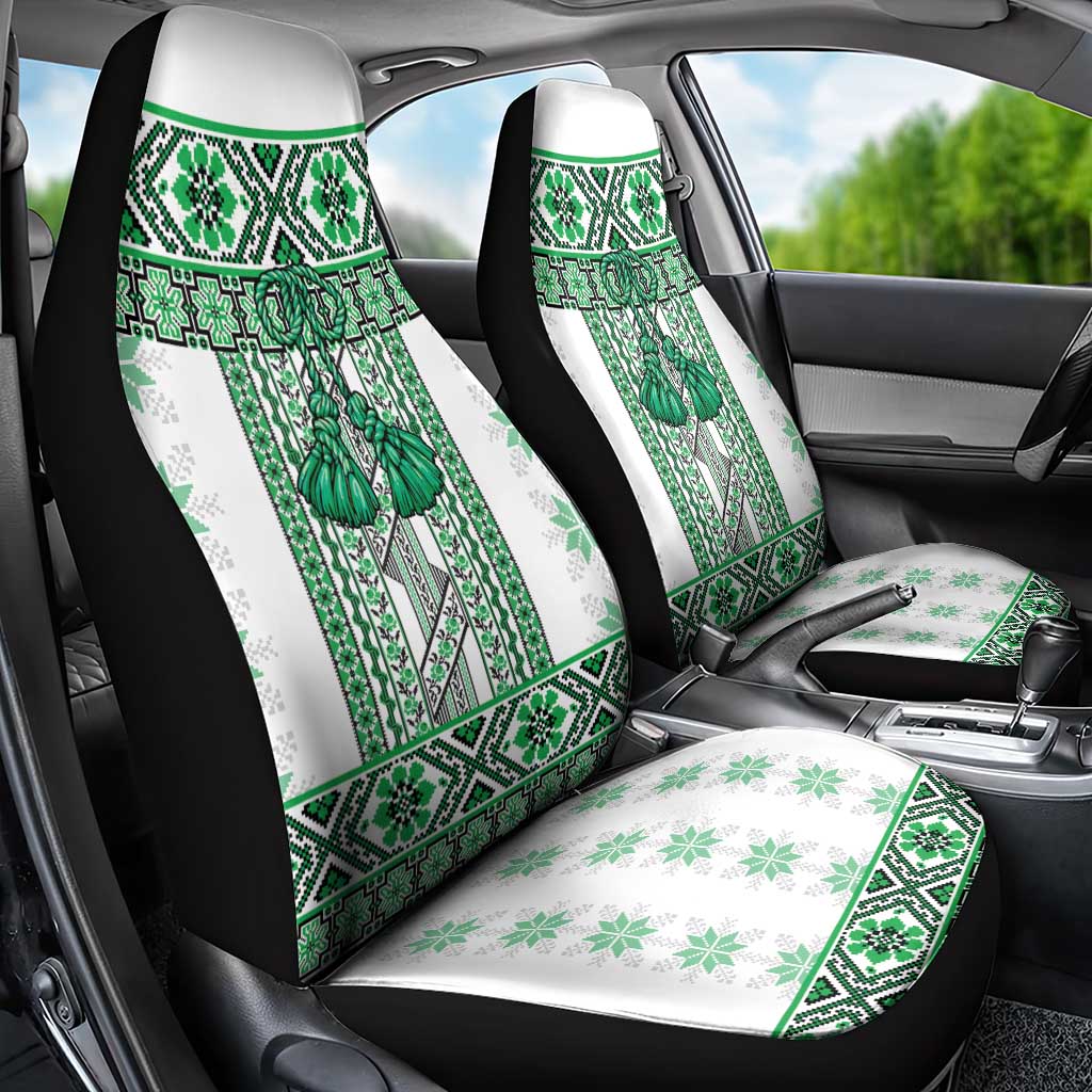 Ukraine Car Seat Cover Traditional Braided Rope Belt Green Folk Pattern