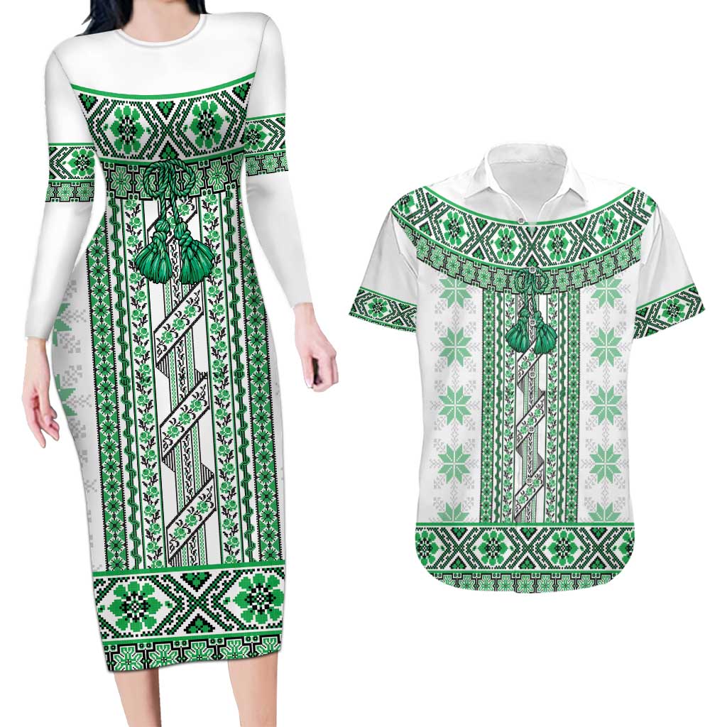Ukraine Couples Matching Long Sleeve Bodycon Dress and Hawaiian Shirt Traditional Braided Rope Belt Green Folk Pattern